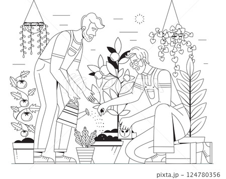 Gay Couple Planting and Watering Vegetable Plants 124780356