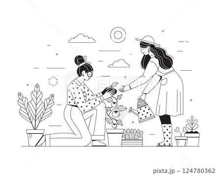 Gardening Scene with Woman Couple at Garden Gardening Scene with Woman Couple at Garden 124780362