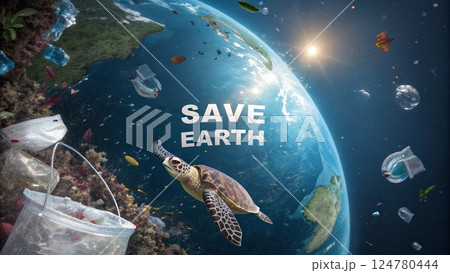 Sea Turtle Needs Our Help Save Earth from Plastic Waste Sea Turtle Needs Our Help Save Earth from Plastic Waste 124780444