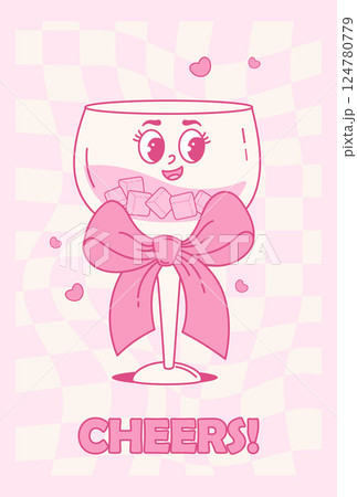 Vintage Groovy Glass Cocktail Character with Coquette Pink Ribbon Bow. Aesthetic Drink on Twisted Checkered Background. Romantic Girly Vibe. Vector illustration. Trendy vertical poster 70s, 80s style 124780779