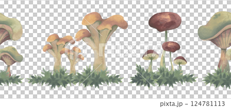 Autumn seamless border with mushrooms -watercolor illustration with color pencil texture 124781113