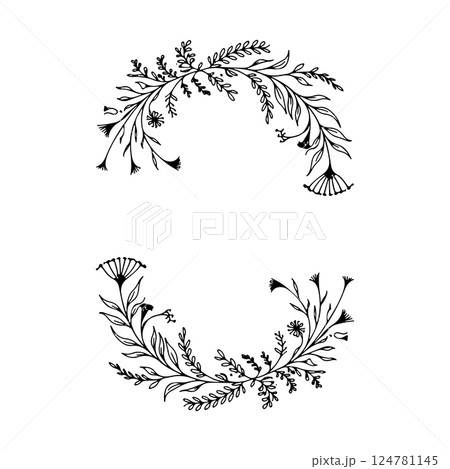 Laurel Wreath with Natural Botanical Elements. A laurel-style botanical wreath in a black-and-white contour style, featuring leaves and flowers in a classic arrangement. Laurel Wreath with Natural Botanical Elements. A laurel-style botanical wreath in a black-and-white contour style, featuring leaves and flowers in a classic arrangement. 124781145