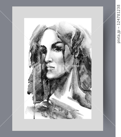 Face of dissatisfied woman with serious look looking at screen on wall art. Watercolor artwork 124781238