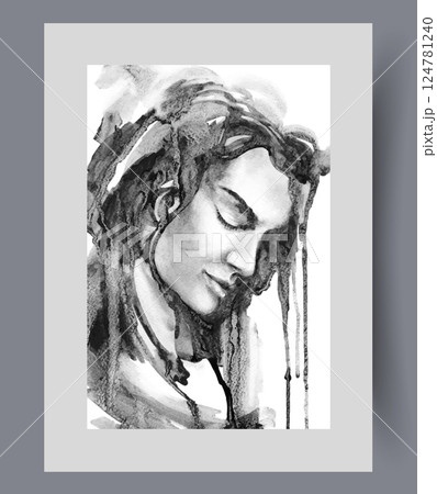 Attractive guy with long hair lets head down and closes eyes on wall art. Watercolor artwork 124781240