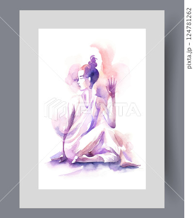 Meditating woman sitting on floor and passionate about yoga on print. Watercolor artwork 124781262