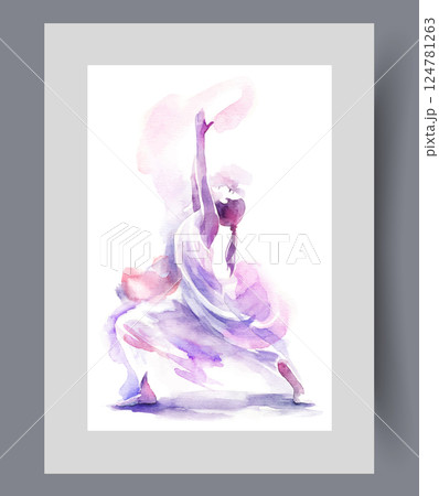 Does yoga exercise, raising arms up and reaching for sun on wall art. Watercolor artwork 124781263