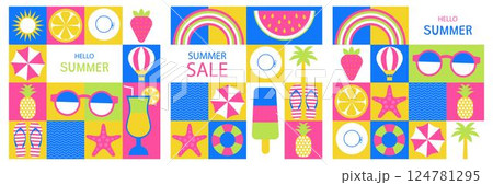 Set of summer posters, banners, placards, social media stories, geometric design templates. 124781295