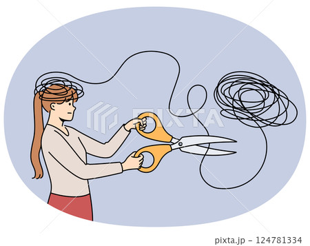 Woman gets rid mental problems by cutting off tangled threads coming from head with large scissors 124781334
