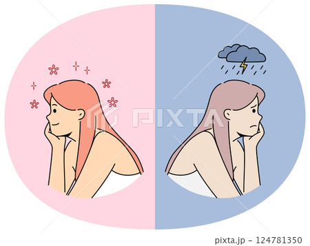 Women in opposite mood with thundercloud and spring flowers overhead, metaphor influence of climate Women in opposite mood with thundercloud and spring flowers overhead, metaphor influence of climate 124781350