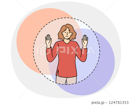 Sad woman cannot get out transparent circle symbolizing comfort zone and stands with hands raised Sad woman cannot get out transparent circle symbolizing comfort zone and stands with hands raised 124781353