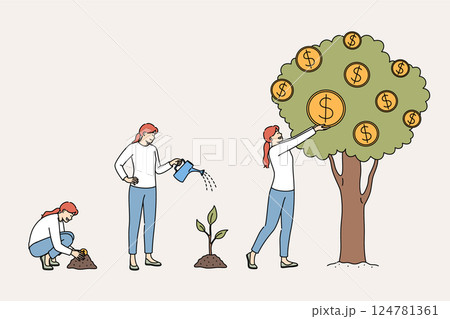 Financial progress is demonstrated by woman planting coin in ground and seeing tree grow 124781361