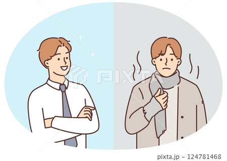 Successful man standing with arms crossed smiling while standing near homeless human Successful man standing with arms crossed smiling while standing near homeless human 124781468