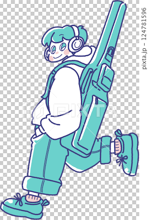 Illustration of a boy carrying a guitar 124781596