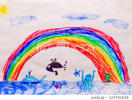 Marine animals in ocean under rainbow made by child using felt tip pens or markers painting Marine animals in ocean under rainbow made by child using felt tip pens or markers painting 124781636