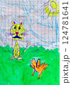 Yellow tiger and orange bird on green grass and sun drawn by child using pen and felt tip pens 124781641