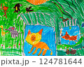 Colorful zoo scene with lion, tiger, elephant, giraffe, monkey, and birds drawn by child using felt-tip pens on white paper 124781644