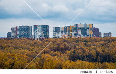 Yellow autumn forest on the background of multi-storey residential buildings. 124781880