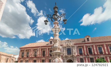 Archbishop Palace of Seville and Fuente Farola Fountain on Plaza de Virgen de los Reyes timelapse 124782021