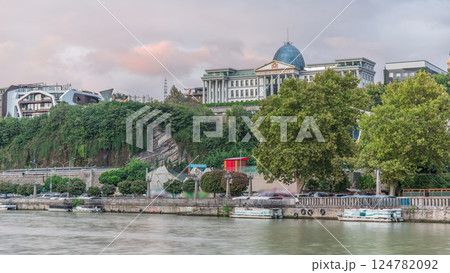 The Ceremonial Palace of Georgia and colorful sunset clouds aerial timelapse. Tbilisi, Georgia. 124782092
