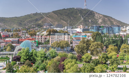 Aerial timelapse of Rike Park, a modern urban park in Tbilisi's Old Town with green trees and lawns. The Bridge of Peace in the background. Georgia Aerial timelapse of Rike Park, a modern urban park in Tbilisi's Old Town with green trees and lawns. The Bridge of Peace in the background. Georgia 124782108