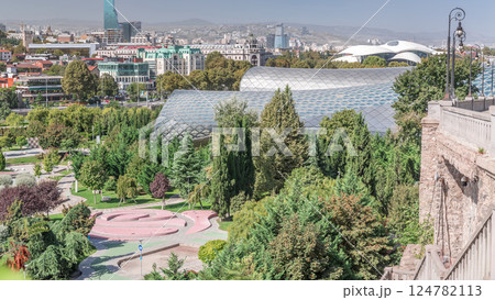 The Musical Theatre and the Exhibition Hall located inside the Rhike Park in Tbilisi aerial timelapse 124782113