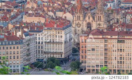 Aerial timelapse of the Church of Saint-Nizier in the Presqu'ile district of Lyon, France. Aerial timelapse of the Church of Saint-Nizier in the Presqu'ile district of Lyon, France. 124782183