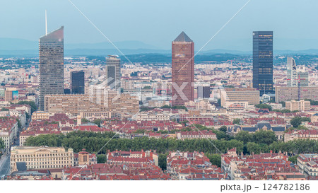 Panoramic aerial view of Lyon after sunset from Fourviere Hill day to night transition. France Panoramic aerial view of Lyon after sunset from Fourviere Hill day to night transition. France 124782186