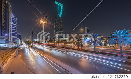 Panoramic aerial night timelapse of Riyadh featuring highway traffic, Kingdom Tower. Saudi Arabia Panoramic aerial night timelapse of Riyadh featuring highway traffic, Kingdom Tower. Saudi Arabia 124782220