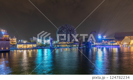 Panorama showing Riyadh Boulevard World entertainment park with largest artificial lake timelapse. Riyadh. Saudi Arabia 124782234