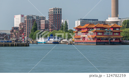 Rotterdam cityscape timelapse near Euromast observation tower and a tourist boat on Nieuwe Maas River. 124782259