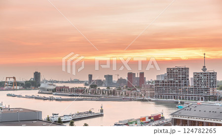 Panoramic aerial day to night timelapse of Katendrecht peninsula and Maashaven harbour in Rotterdam, The Netherlands. 124782265