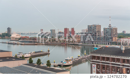 Aerial timelapse view over Maashaven with Katendrecht and Maas River. Netherlands 124782270
