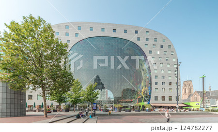 Hyperlapse of the Rotterdamse Markthal's exterior with shops and restaurants. Netherlands 124782277