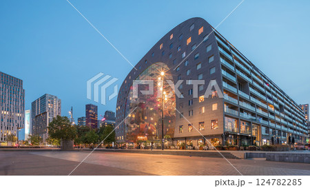 Hyperlapse of the Rotterdamse Markthal's exterior day to night timelapse. Netherlands 124782285