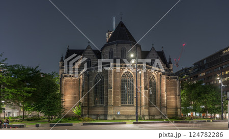 Hyperlapse of Laurenskerk on Grotekerkplein at night in Rotterdam. Netherlands 124782286