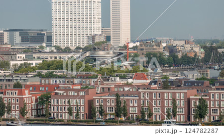 Panoramic aerial morning timelapse of Katendrecht peninsula and Maashaven harbour in Rotterdam, The Netherlands. 124782287