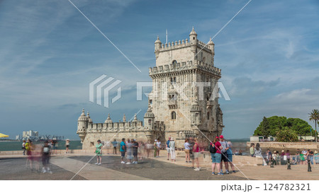 Torre de Belem or Belem Tower timelapse hyperlapse on the Rio Tejo in Belem district of the City of Lisbon in Portugal. 124782321