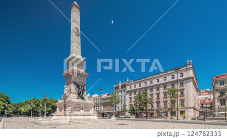 Restauradores Square in Lisbon timelapse hyperlapse. Monument to the Restorers and historical houses around 124782333