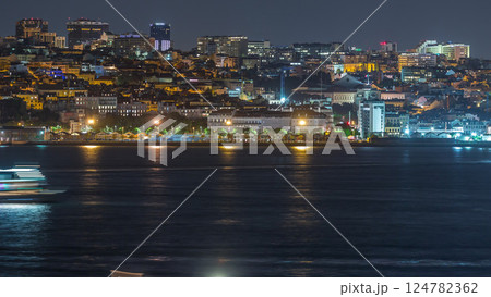 Aerial night timelapse of Lisbon skyline with illuminated Amoreiras towers, Santos district Aerial night timelapse of Lisbon skyline with illuminated Amoreiras towers, Santos district 124782362