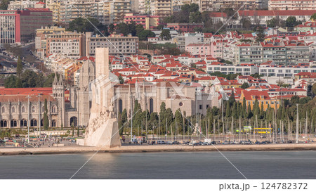 Aerial timelapse of Mosteiro dos Jeronimos and Monument to the Discoveries in the Belem district of Lisbon, Portugal. Aerial timelapse of Mosteiro dos Jeronimos and Monument to the Discoveries in the Belem district of Lisbon, Portugal. 124782372