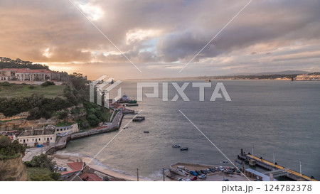 Aerial timelapse from a hill near Porto Brandao Ferry Station on the Tagus River in Lisbon 124782378