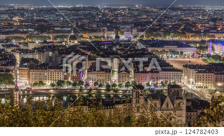 Panoramic aerial view of Lyon from Fourviere Hill at night. France 124782403