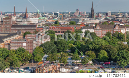 Aerial timelapse of Hamburg's historic city center skyline with iconic towers and spires. Germany Aerial timelapse of Hamburg's historic city center skyline with iconic towers and spires. Germany 124782431