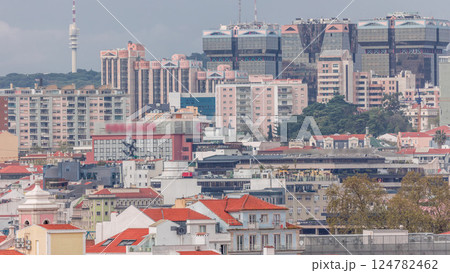 Aerial view of Lisbon skyline with Amoreiras shopping center towers. Historic buildings district with green trees timelapse Aerial view of Lisbon skyline with Amoreiras shopping center towers. Historic buildings district with green trees timelapse 124782462