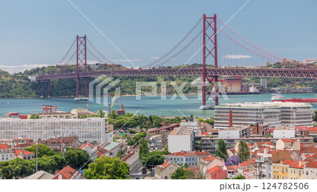 The 25th April Bridge aerial timelapse, Ponte 25 de Abril in Portuguese, longest suspension bridge in Europe. Lisbon, Portugal The 25th April Bridge aerial timelapse, Ponte 25 de Abril in Portuguese, longest suspension bridge in Europe. Lisbon, Portugal 124782506