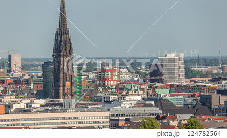 Aerial timelapse of Hamburg's historic city center skyline with iconic towers and spires. Germany 124782564