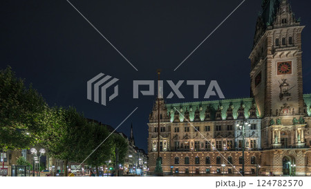 Panorama showing a building of the Hamburg City Hall night timelapse, the seat of the government of Hamburg, Germany Panorama showing a building of the Hamburg City Hall night timelapse, the seat of the government of Hamburg, Germany 124782570