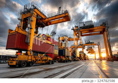 Giant yellow cranes at container port with sunset clouds in industrial harbor yard 124782586