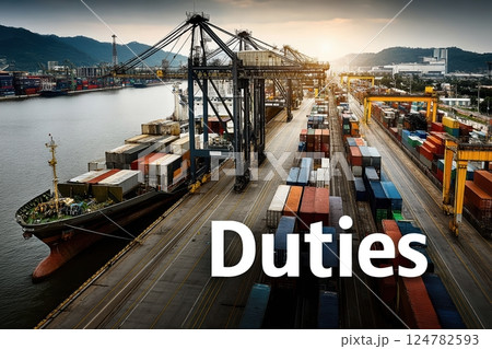 Container ship at busy industrial harbor with cranes and cargo stacks, duties and tariffs concept 124782593