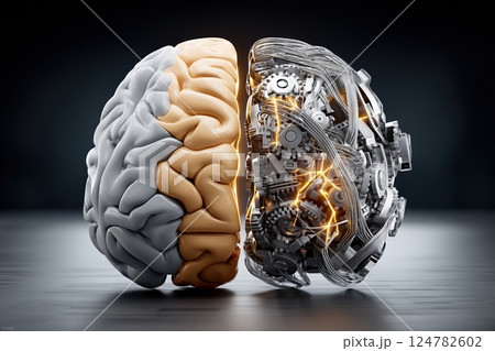 Ai and human brain conceptual contrast showcasing technology and intelligence in a futuristic design 124782602